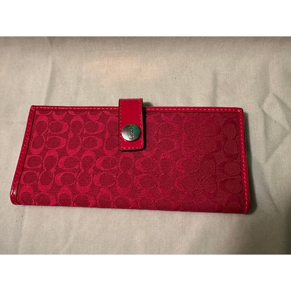 COACH Signature Monogram Fabric Patent Leather Wallet Red Card Case Checkbook